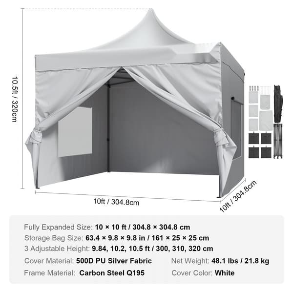 Pop Up Baldakintelt Udendørs Gazebo 10x10FT med Sidevægge & Taske - Hvidt Telt til Havefester