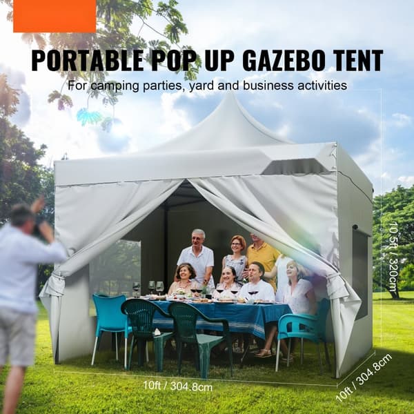Pop Up Baldakintelt Udendørs Gazebo 10x10FT med Sidevægge & Taske - Hvidt Telt til Havefester
