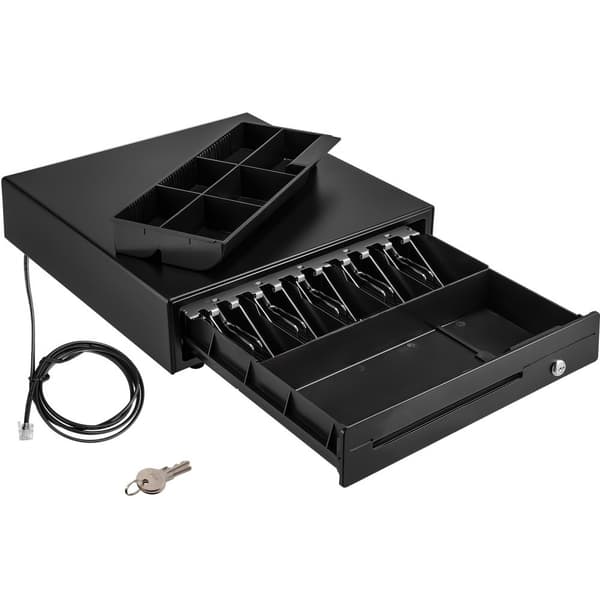 Kassalaatikko 16", 12V, POS-järjestelmälle, 5 seteliä, 6 kolikkoa, irrotettava lokero, RJ11/RJ12-kaapeli.