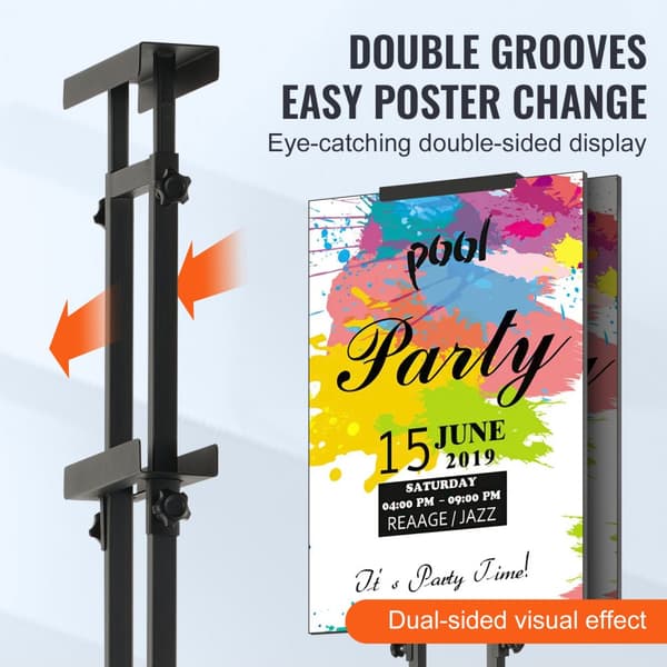 Justerbart plakatstativ op til 75", dobbeltsidet med robust fod, støddæmpende base til banners, sort design til gulv og bord.