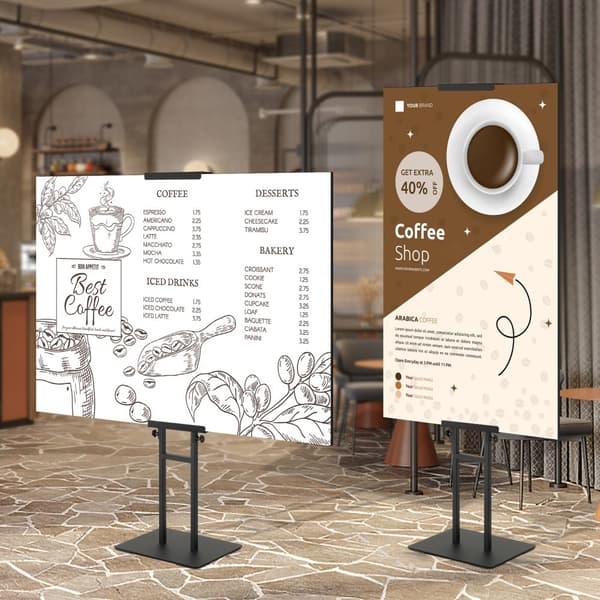 Justerbart plakatstativ op til 75", dobbeltsidet med robust fod, støddæmpende base til banners, sort design til gulv og bord.