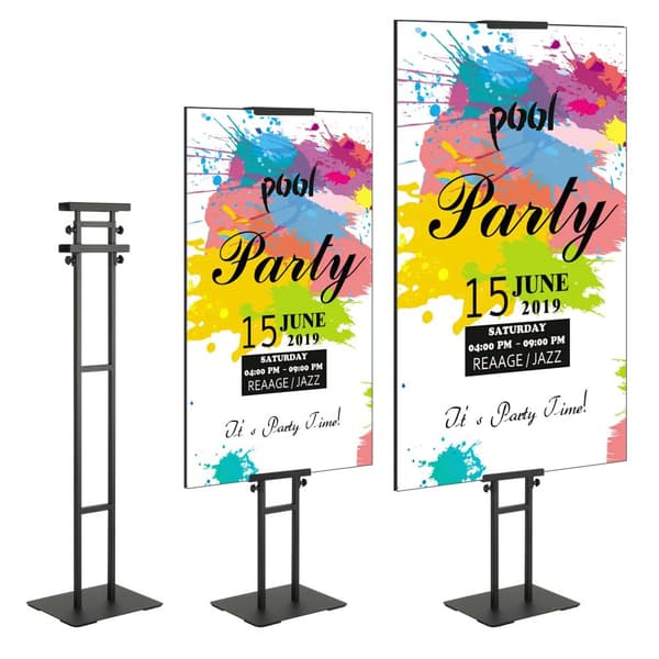 Justerbart plakatstativ op til 75", dobbeltsidet med robust fod, støddæmpende base til banners, sort design til gulv og bord.