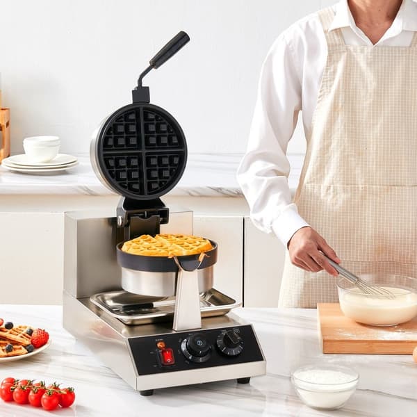 Kommerciel rund vaffelmaskine 1300W, roterbar og non-stick, perfekt til vafler. 220V strøm.