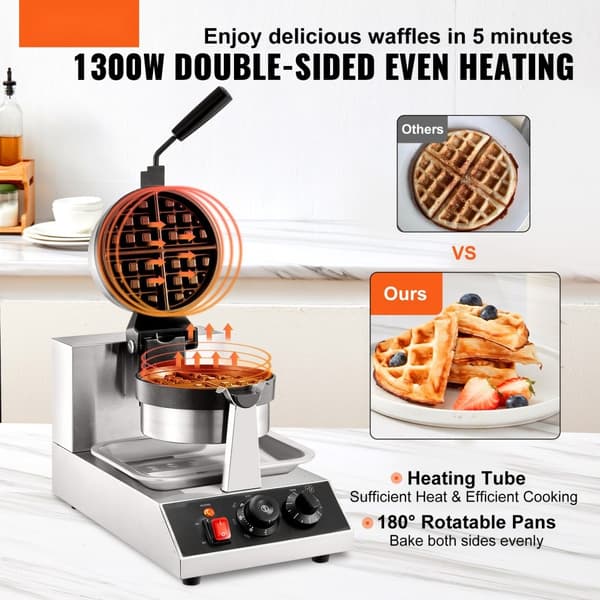 Kommerciel rund vaffelmaskine 1300W, roterbar og non-stick, perfekt til vafler. 220V strøm.