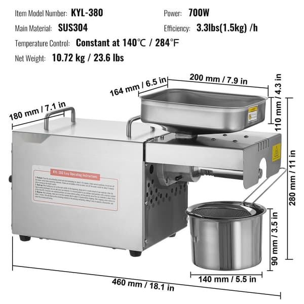 Elektrisk oliepressemaskine i rustfrit stål, 700W, 140℃ konstant temperatur - ideel til presning af nødder og frø.