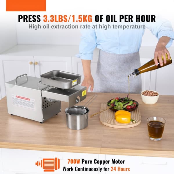 Elektrisk oliepressemaskine i rustfrit stål, 700W, 140℃ konstant temperatur - ideel til presning af nødder og frø.