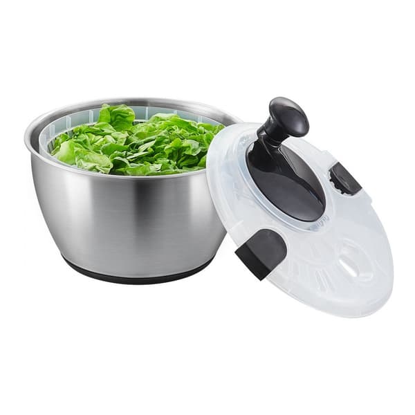 Salatspinner i rustfrit stål, 4,75 Qt, nem én-hånds tryk. Tør grøntsager og frugter hurtigt uden BPA. Perfekt til grønne urter og bær!