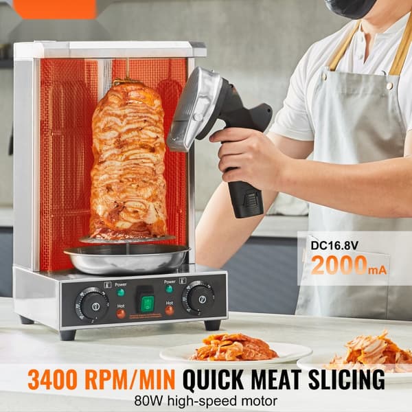 Elektrisk shawarma-kniv, trådløs, til Tyrkisk döner kebab. Effektiv kødskærer med 2 blades. Perfekt til madlavning!
