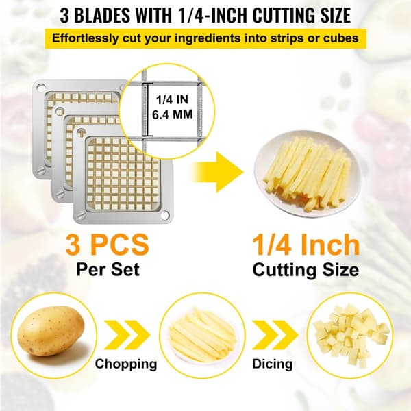 Franska fritesskärare Chopper, utbyte av blad & tryckblock, 1/4 tum, 3 st.