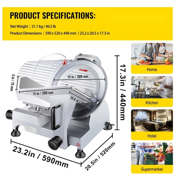 Kaupallinen 320 W Deli-lihaleikkuri, 12" hiiliterästerauta, säädettävä paksuus, 350-400 rpm, liha, juusto, vihannekset.