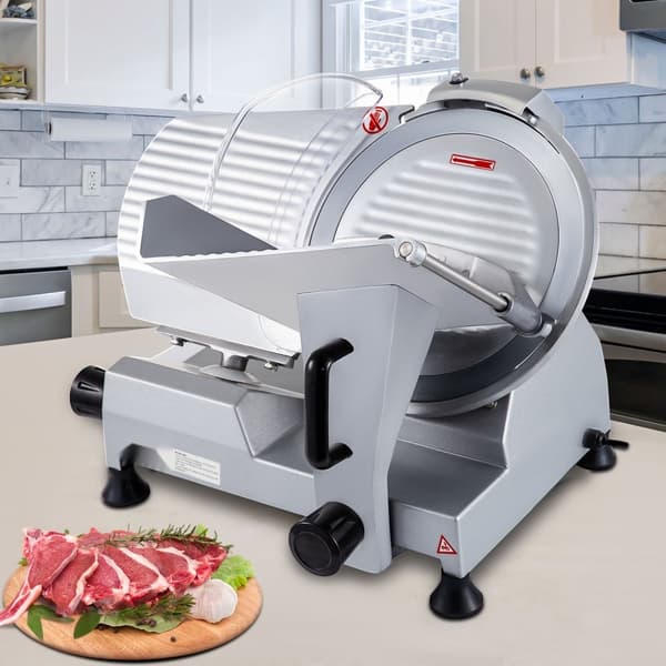 Kaupallinen 320 W Deli-lihaleikkuri, 12" hiiliterästerauta, säädettävä paksuus, 350-400 rpm, liha, juusto, vihannekset.