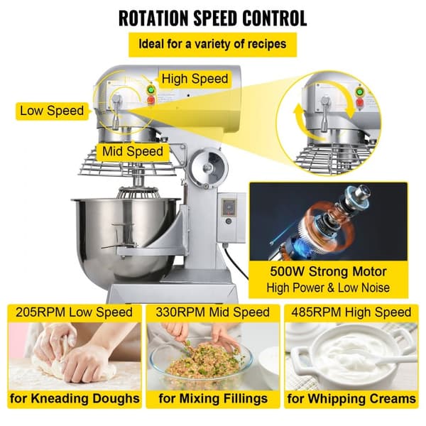 Kommerciel elektrisk food mixer med 10L kapacitet, 500W, justerbar til køkkenbrug. Ideel til madlavning og bagning.
