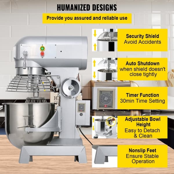 Kommerciel elektrisk food mixer med 10L kapacitet, 500W, justerbar til køkkenbrug. Ideel til madlavning og bagning.