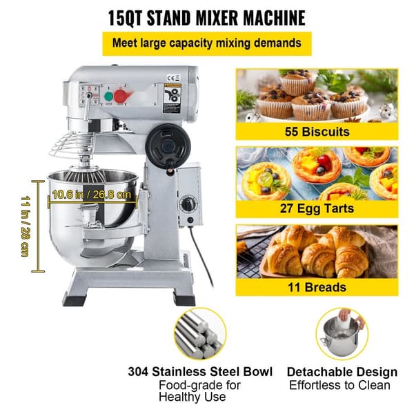 Kommersiel køkkenmaskine, 15Qt rustfrit stål, 850W robust elektrisk mixer med 3 hastigheder. Inkl. piskeris og dejkrog – ideel til bagerier og