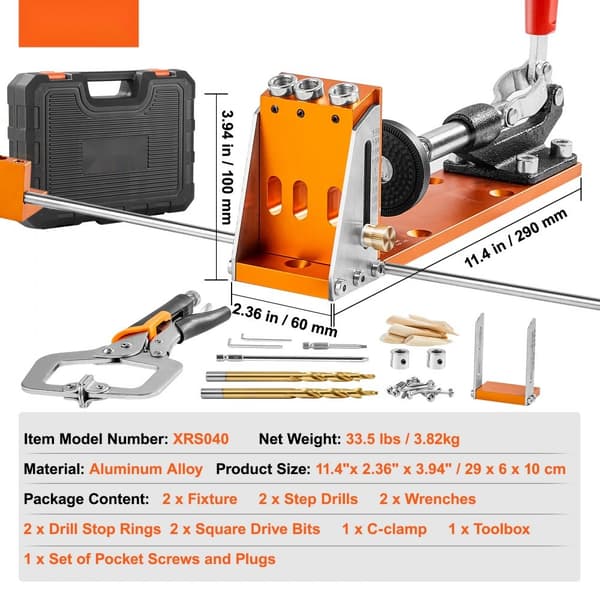 Pocket Hole Jig-sæt med 34 dele: Inkluderer 11" C-klemme, bor, skruenøgler og værktøjskasse til gør-det-selv-projekter. Justerbart system.