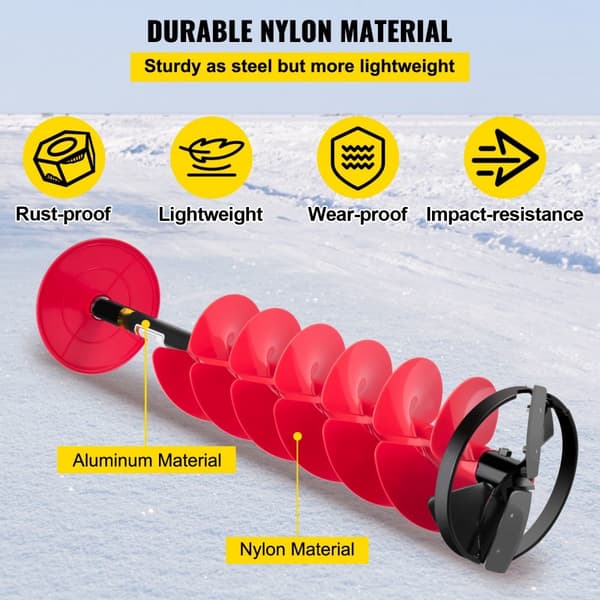 Isboresnegl med 6" diameter i nylon, 39" længde, inkl. forlængerstang, boreadapter og beskyttelse til isfiskeri.