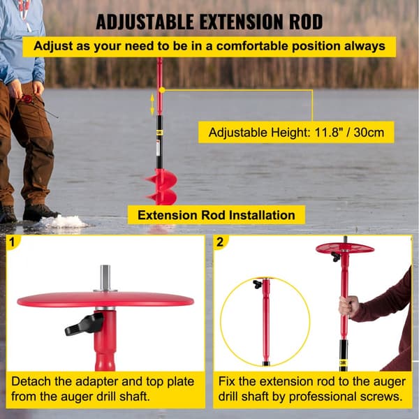 Isboresnegl med 6" diameter i nylon, 39" længde, inkl. forlængerstang, boreadapter og beskyttelse til isfiskeri.