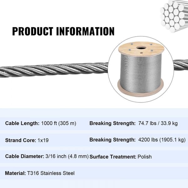 Ruostumattomasta teräksestä valmistettu 3/16" 1x19 kaapeli, 1000 jalkaa.