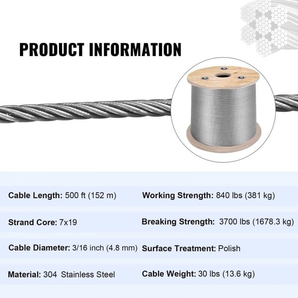 3/16 tommer 7x19 rustfrit stål flykabelrulle, 500FT T304 wire rope til udskiftning af kabelvinsj. Kvalitetsmateriale.