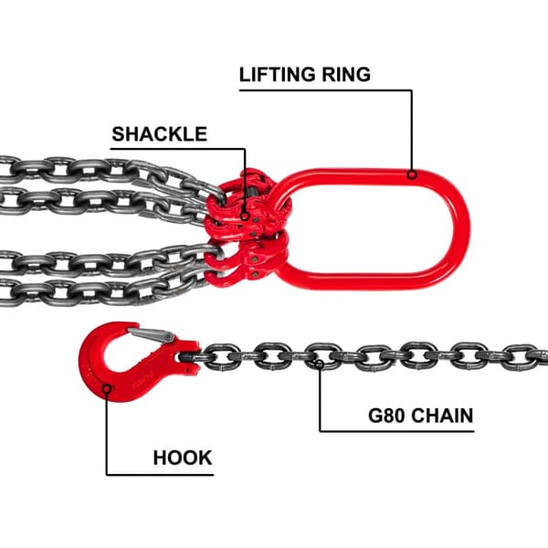 4-bens kedjesele G80 med slingkrok, 8MM X 1M, lyftkedja, Kran Grade 80 4T/8800LBS, Heavy Duty kedjeslinga.