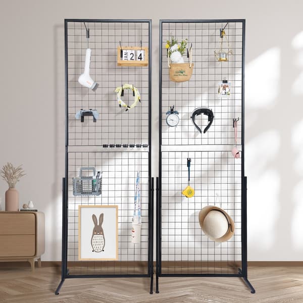 2' x 5,6' gittervægpaneler Tårn, 2-pak Wire Gridwall-stativ med T-base, dobbeltsidig til kunstudstillinger og detailvisning med ekstra klips og kroge.