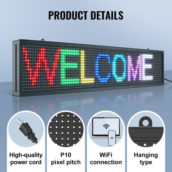 99x19cm Programmerbart LED-skilt, scrollende display P10 i fuld farve. Perfekt til reklame og information!