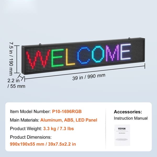99x19cm Programmerbart LED-skilt, scrollende display P10 i fuld farve. Perfekt til reklame og information!
