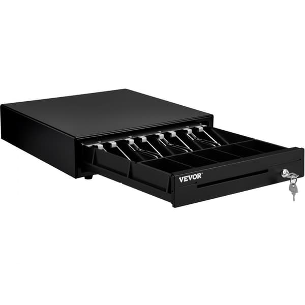 Kassalaatikko 13", 12V, 4 setelin ja 5 kolikon lokero, irrotettava kolikkolokero, RJ11/RJ12-kaapeli.