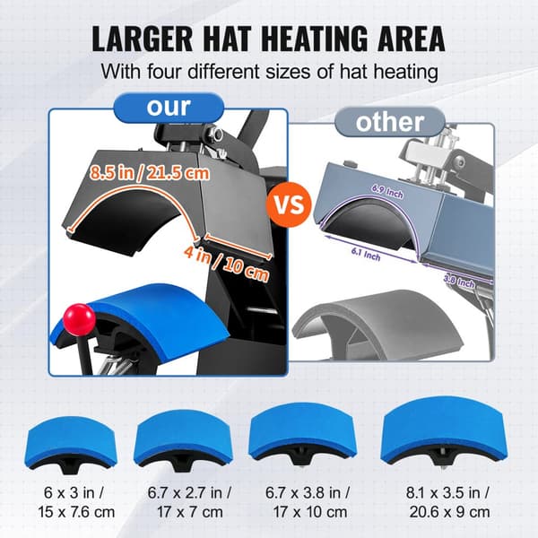 Hat Heat Press 4-i-1 Cap Värmepressmaskin 6x3 tum Clamshell Sublimationsöverföring LCD Digital Timer Temperaturkontroll med 4 böjda.