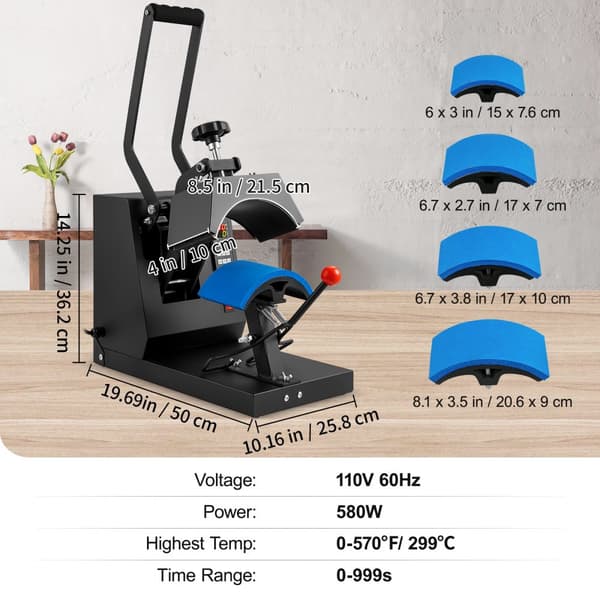 Hat Heat Press 4-i-1 Cap Värmepressmaskin 6x3 tum Clamshell Sublimationsöverföring LCD Digital Timer Temperaturkontroll med 4 böjda.