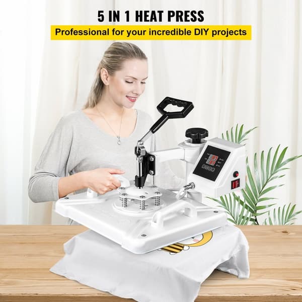Värmepress 12 x 15 tum 5 i 1 1250W svängbar vit maskin för t-shirt, sublimering och överföring av DIY-skor och hattar.