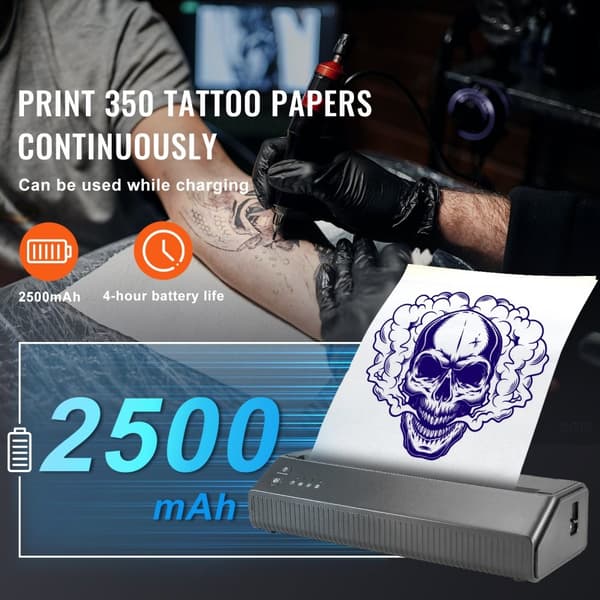 Tatoveringsoverførsel med stencilprinter, trådløs Bluetooth, inkl. 10 transferpapir og stofpose. Bærbar til Android, iOS, iPad og PC.