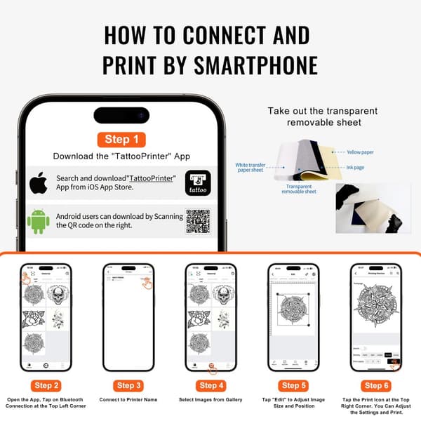 Tatoveringsoverførsel med stencilprinter, trådløs Bluetooth, inkl. 10 transferpapir og stofpose. Bærbar til Android, iOS, iPad og PC.