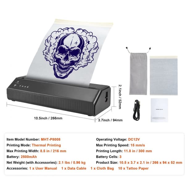Tatoveringsoverførsel med stencilprinter, trådløs Bluetooth, inkl. 10 transferpapir og stofpose. Bærbar til Android, iOS, iPad og PC.