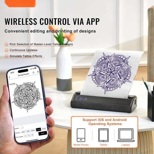 Tatoveringsoverførsel med stencilprinter, trådløs Bluetooth, inkl. 10 transferpapir og stofpose. Bærbar til Android, iOS, iPad og PC.