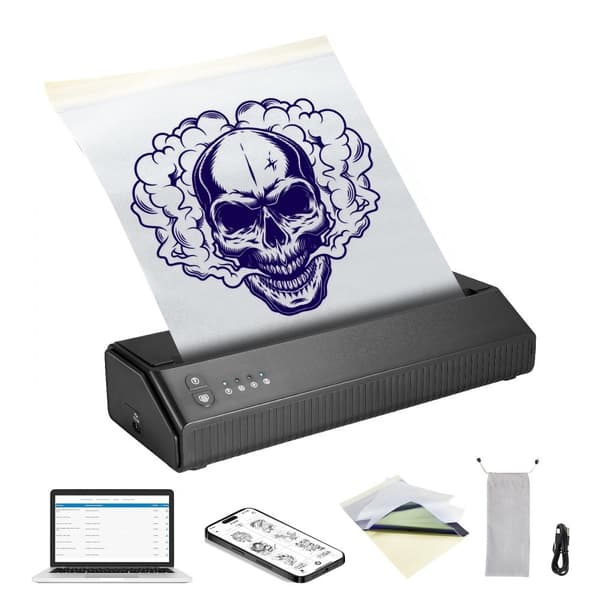 Tatoveringsoverførsel med stencilprinter, trådløs Bluetooth, inkl. 10 transferpapir og stofpose. Bærbar til Android, iOS, iPad og PC.