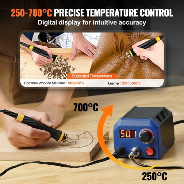 Vedeldningssats 250~700°C, dubbel pyrografipenna, 23 trådspetsar, 5 fasta punkter.
