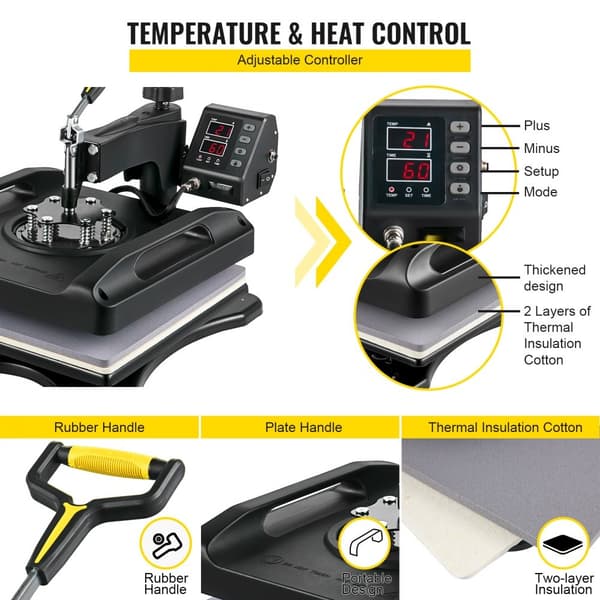 Varmepressemaskine 15 x 15 tommer med 360° rotation - 5 i 1 skjorte-, kasket- og kruspressere til DIY. 1000W sublimationsteknologi.