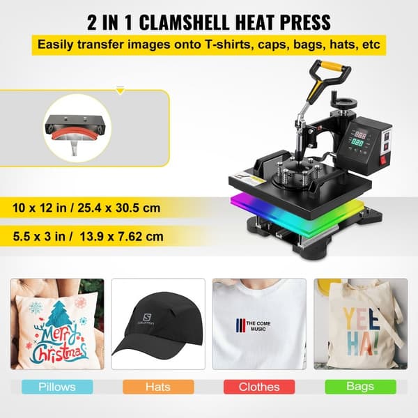 Värmepressmaskin, 10x12 tum / 25x30 cm, 2IN1 Clamshell för sublimering med Teflon, digital värmekontroll, Powerpress för T-shirt och keps.
