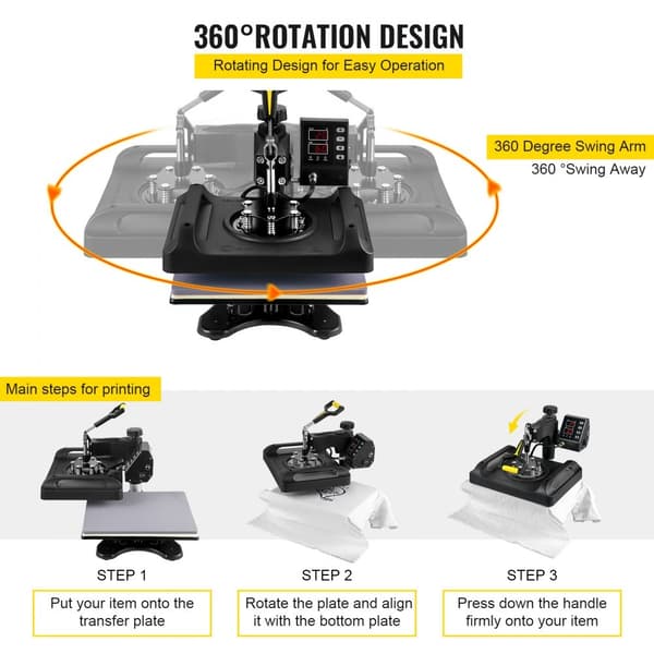 Varmepresser 12 x 15 tommer, 8 i 1, med 360° sving og 1000W. Sublimations- og trykmaskine til T-shirts, krus og DIY projekter.