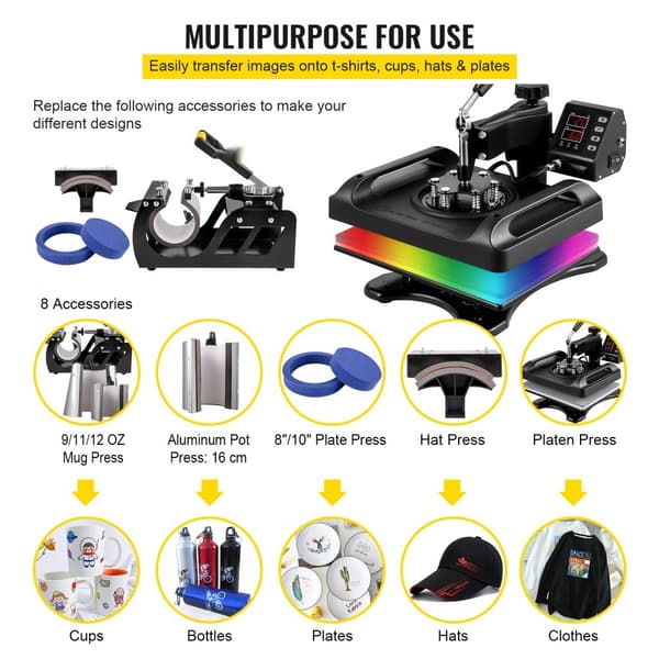 Varmepresser 12 x 15 tommer, 8 i 1, med 360° sving og 1000W. Sublimations- og trykmaskine til T-shirts, krus og DIY projekter.