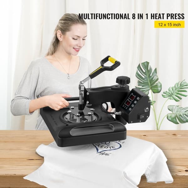 Varmepresser 12 x 15 tommer, 8 i 1, med 360° sving og 1000W. Sublimations- og trykmaskine til T-shirts, krus og DIY projekter.