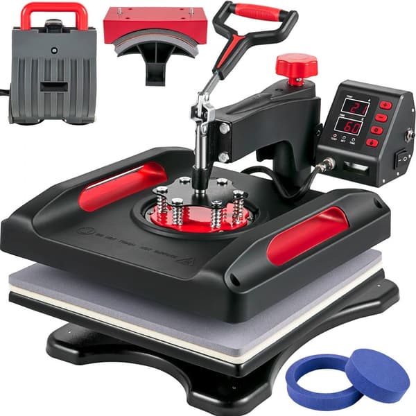 Värmepressmaskin 15 x 15 tum, 360° sväng bort, röd, 5 i 1, 1000W sublimering för DIY tröjor, tallrikar, muggar.