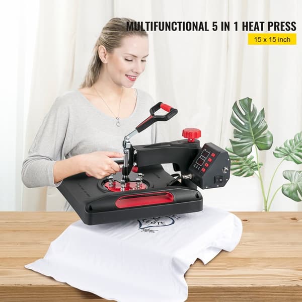 Värmepressmaskin 15 x 15 tum, 360° sväng bort, röd, 5 i 1, 1000W sublimering för DIY tröjor, tallrikar, muggar.