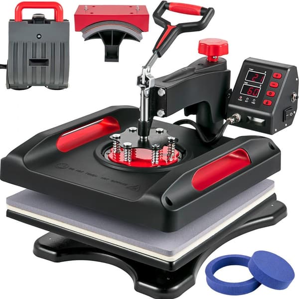 Värmepressmaskin 15 x 15 tum, 360° sväng bort, röd, 5 i 1, 1000W sublimering för DIY tröjor, tallrikar, muggar.