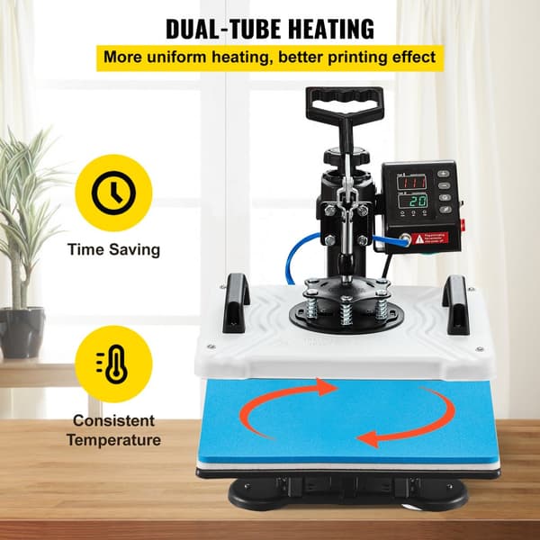 Varmepresser 12X15 tommer, 10-i-1, 1000W med 360° sving. Til T-shirt, kasketter, krus og DIY-projekter. Ideel til sublimation.