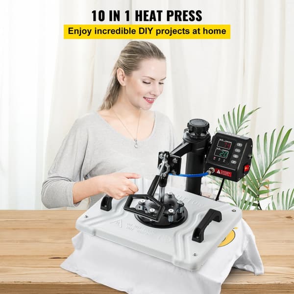 Varmepresser 12X15 tommer, 10-i-1, 1000W med 360° sving. Til T-shirt, kasketter, krus og DIY-projekter. Ideel til sublimation.