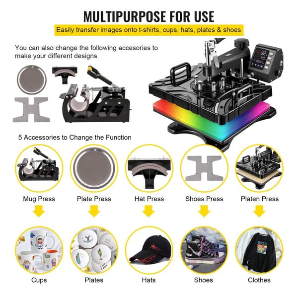 6 in 1 Siirtoprässi 38 x 29 cm Kuumaprässi 1000 W T-paita Hitzeprässi Musta Digitaalinen LED-lämpö- ja aikakontrolleri