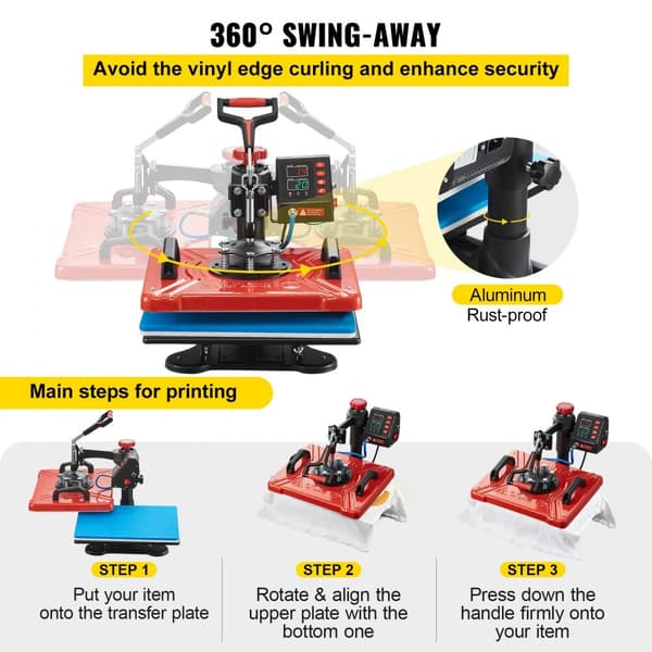 Värmpress 12X15 tum, 10 i 1, 1000W, svängbar med 360°, för T-shirts, muggar, kepsar och DIY-projekt.
