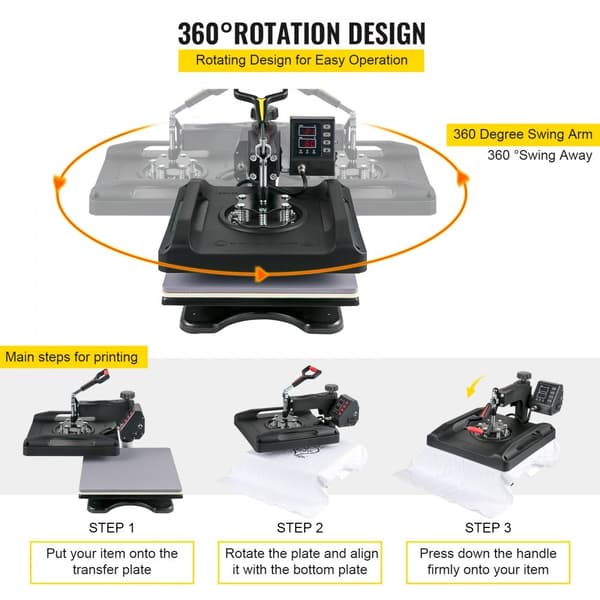 Varmluftspresse 15 x 15 tommer 8 i 1, 1000W Sublimationsmaskine med 360° drejefunktion til T-shirts, kasketter og krus (sort)